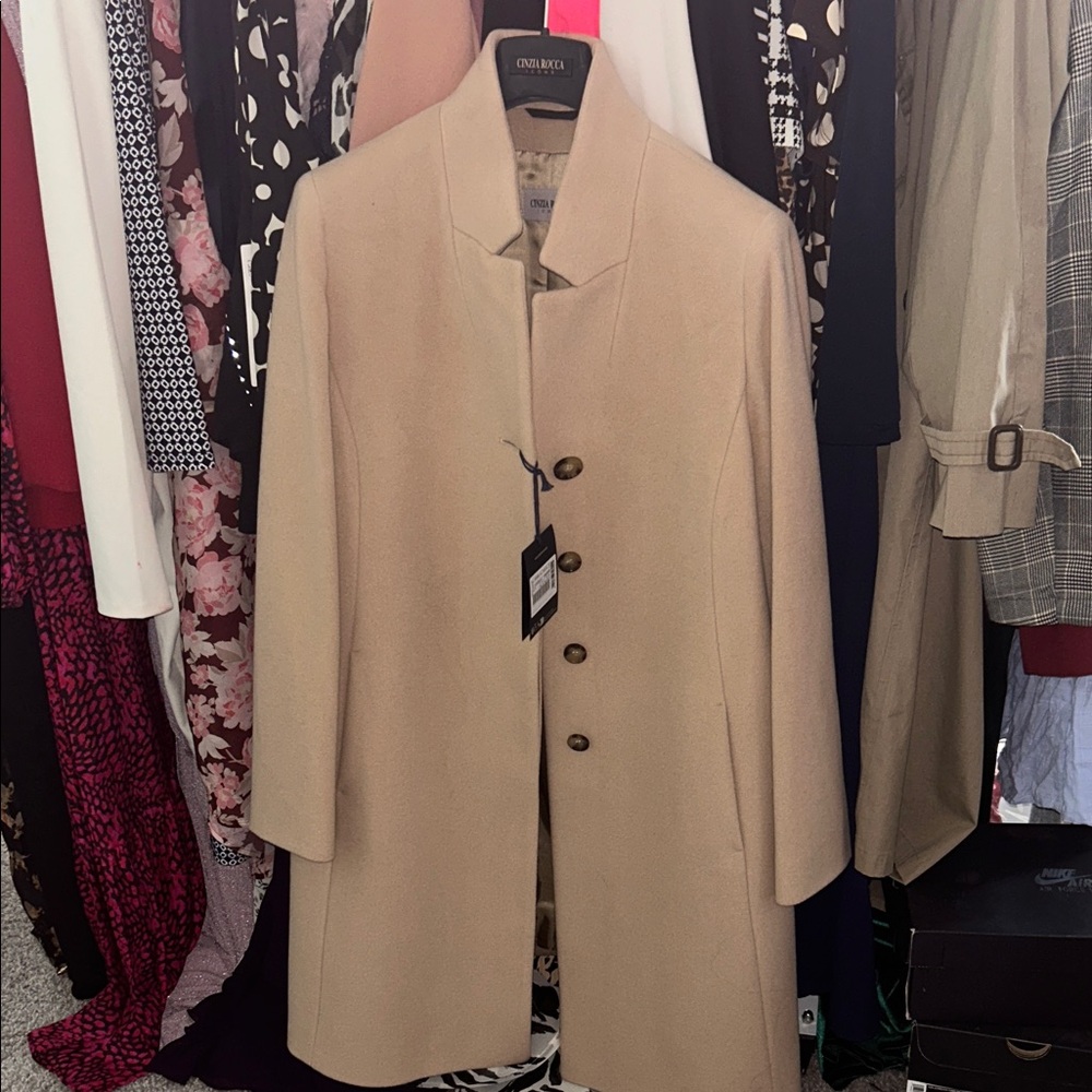 NWT Cinzia Rocca Icons Taupe Wool Cashmere Coat Italy Minimalist Size 12 - Picture 13 of 14